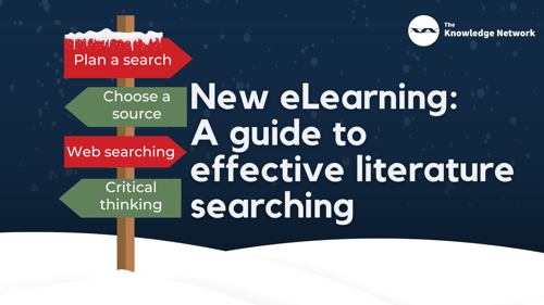 Signpost with snow on top reading: plan a search, choose a source, web searching, critical thinking: New eLearning: A guide to effective literature searching