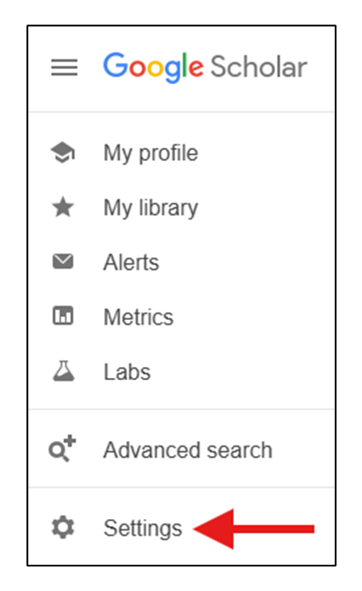 Google scholar menu with multiple options. Settings is highlighted at the bottom of the list