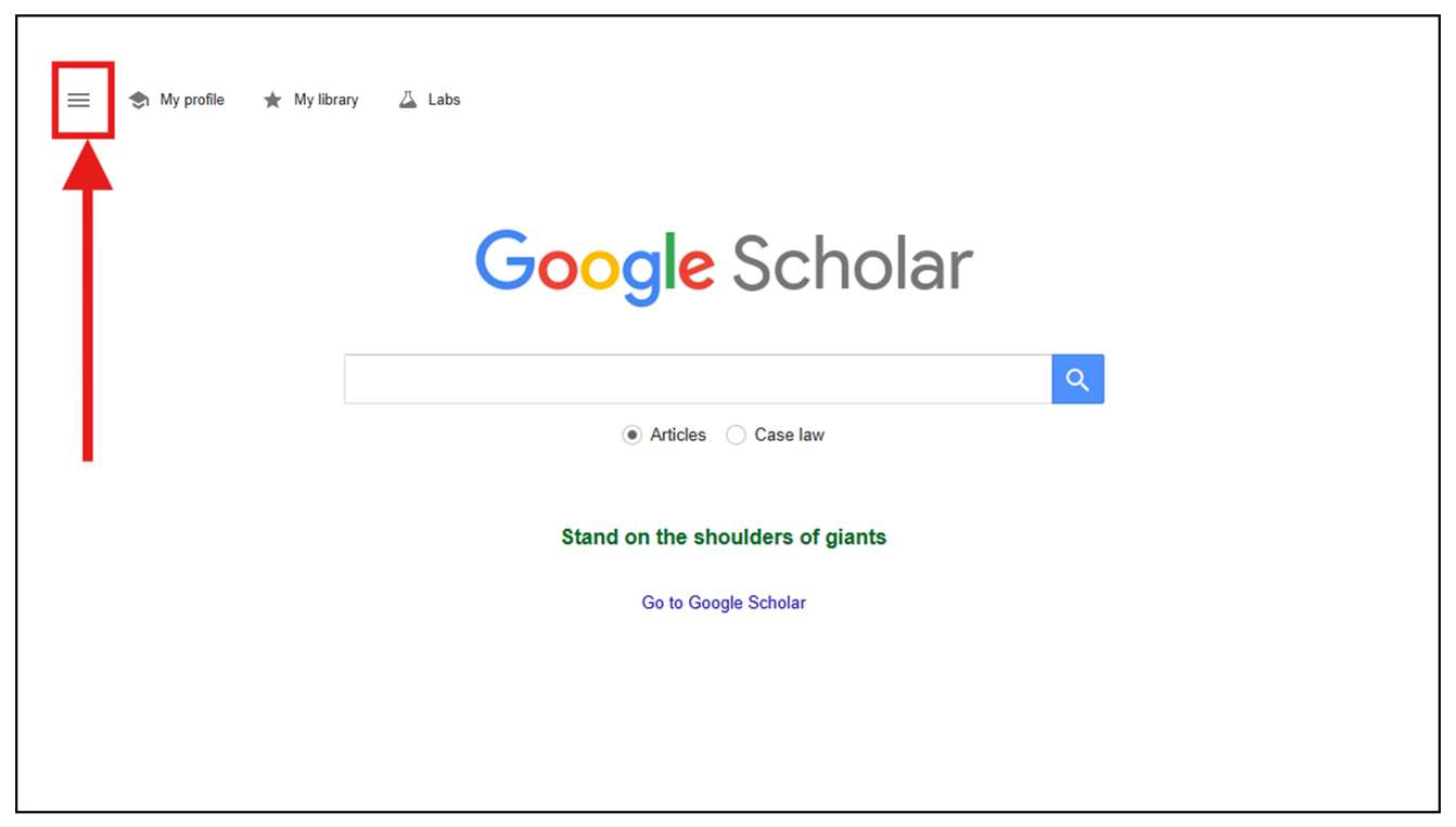 Home page of Google Scholar. An arrow highlights the menu (consisting of three lines) in the top left corner.